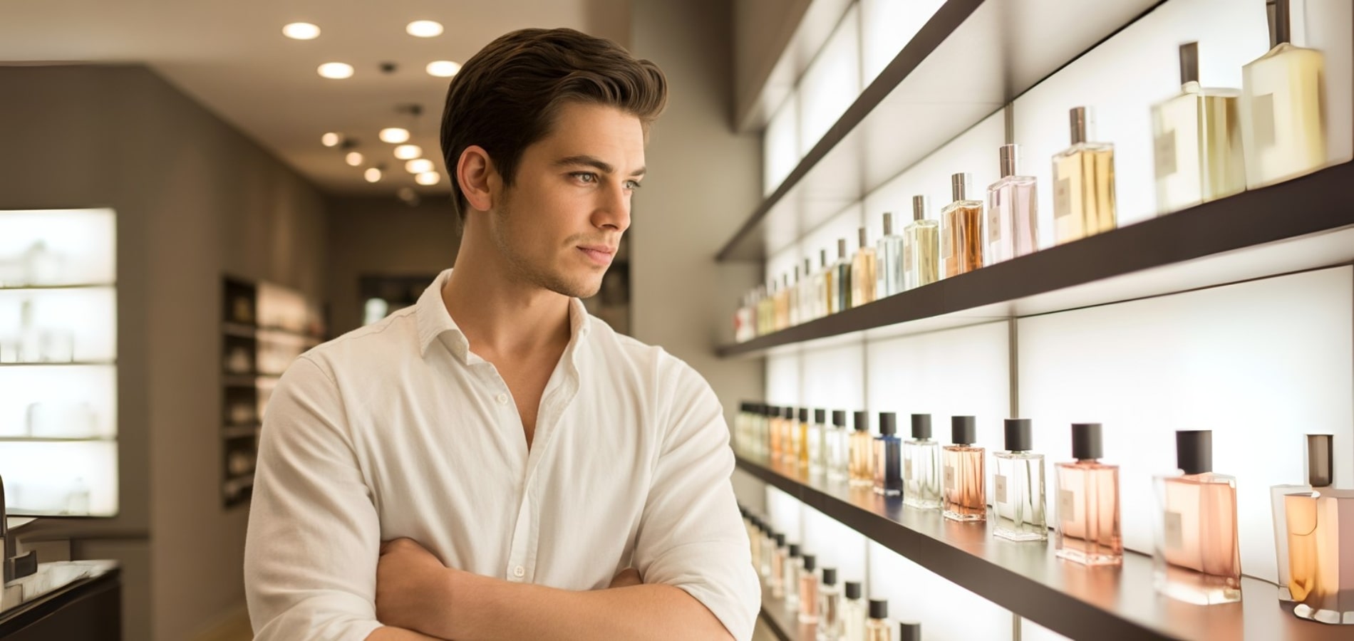 A clean-cut young man (20–25 years old) wearing a neatly pressed shirt (no suit, no tie), standing in a modern, elegant perfume boutique. He looks thoughtful and confident, with his hands casually in his pockets or arms crossed, gazing at perfume bottles